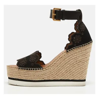 See by Chloe Black Suede and Leather Floral Lasercut Espadrille Wedge Sandals Size