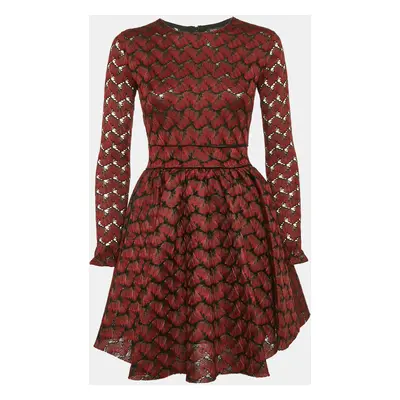 Maje Red Floral Embroidery Mesh Flared Mini Dress