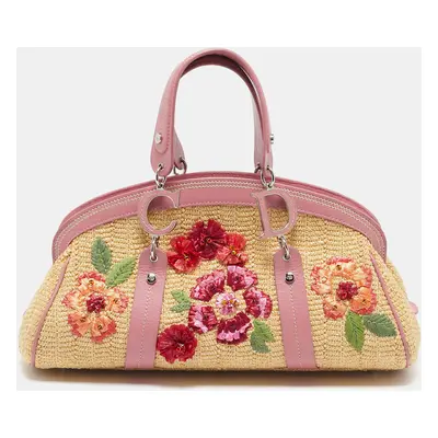 Dior Pink/Cream Leather and Raffia Limited Edition Floral Detective Satchel