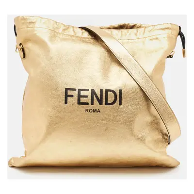 Fendi Gold Leather Logo Drawstring Shoulder Bag