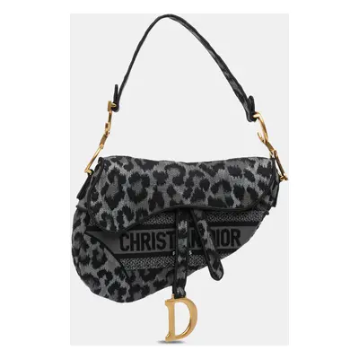 Dior Grey Mizza Embroidered Canvas Leopard Saddle Bag