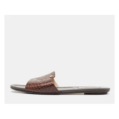 Jimmy Choo Brown Croc Embossed Leather Nanda Flat Sandals Size 39.5