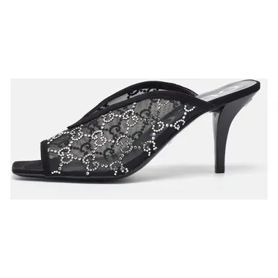 Gucci Black Mesh GG Crystal Embellished Mules Size