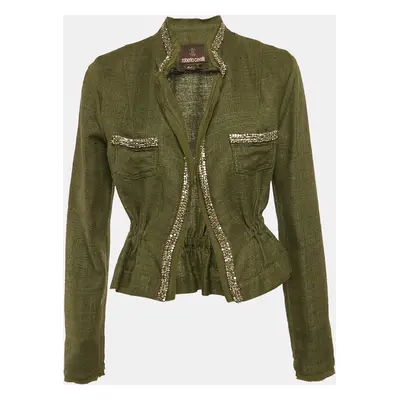 Roberto Cavalli Green Canvas Embellished Jacket