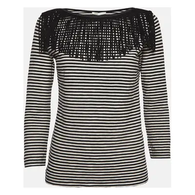 Maje Black/White Stripe Cotton Fringed Detail T-Shirt