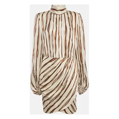 Elisabetta Franchi Beige Belt Print Silk Draped Short Dress