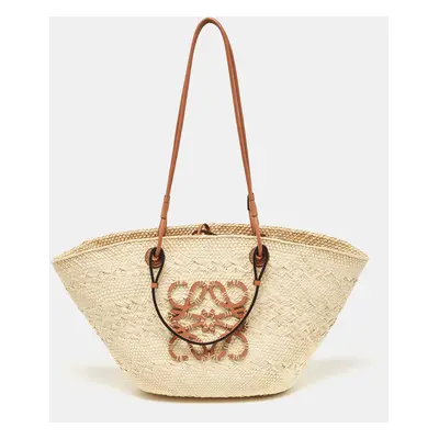 Loewe Beige/Brown Raffia and Leather Anagram Basket Tote