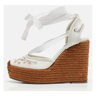 Dolce & Gabbana White Lace and Canvas Espadrille Platform Wedge Sandals Size