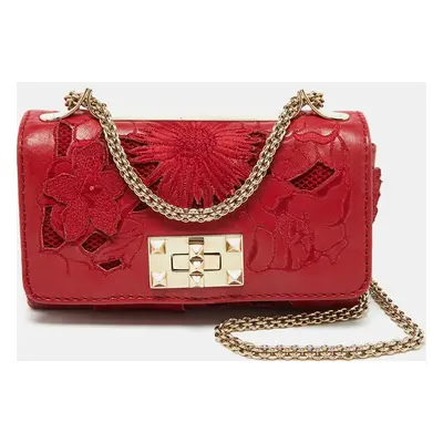 Valentino Red Leather and Lace Va Va Voom Chain Crossbody Bag