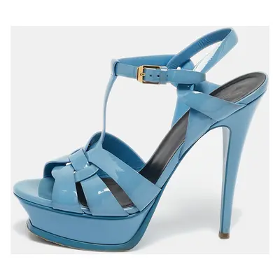 Saint Laurent Blue Patent Leather Tribute Platform Ankle Strap Sandals Size