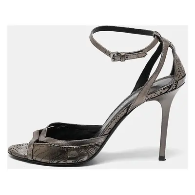 Burberry Metallic Grey Leather Laser Ankle Strap Sandals Size