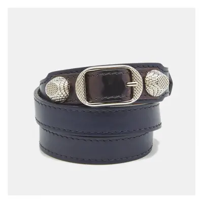 Balenciaga Navy Blue Leather Silver Tone Triple Tour Bracelet