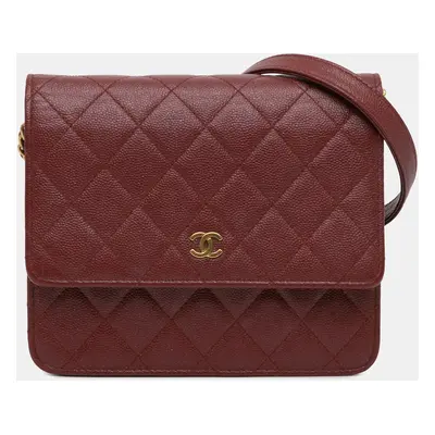 Chanel Red Caviar Leather Quilted Square Wallet on Chain