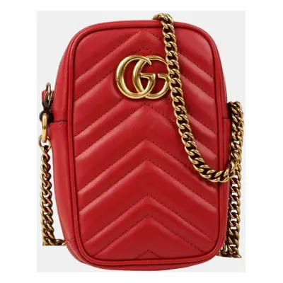 Gucci Mini Red Matelasse Leather GG Marmont Cross Bag