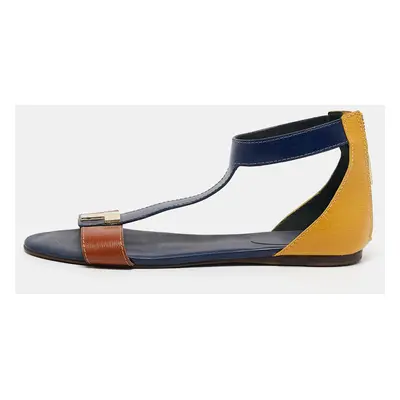 Tory Burch Brown/Blue Leather T-Strap Flat Sandals Size