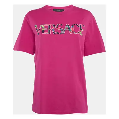 Versace Pink Logo Print Jersey Crew T-Shirt