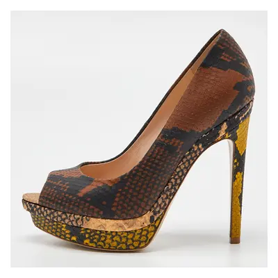 Fendi Multicolor Python Embossed Leather Peep Toe Platform Pumps Size