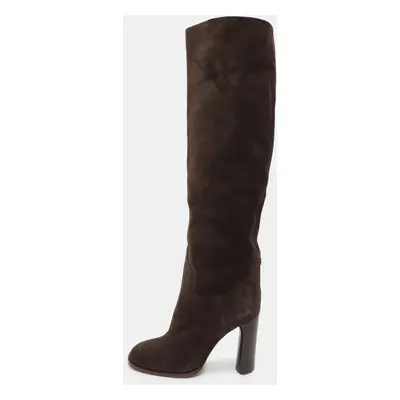 Casadei Brown Suede C Chain Embellished Calf Length Boots Size