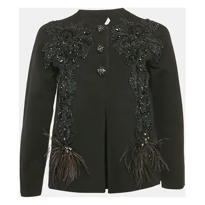 Marc Jacob Black Embellished Ostrich Feather Trim Cashmere Cardigan