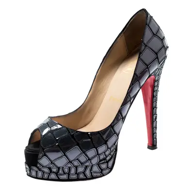 Christian Louboutin Grey Mirror Leather/Satin Mosaic 'Sobek 140' Peep Toe Platform Pumps Size 36