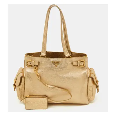 Prada Gold Leather Vitello Daino Side Pocket Shoulder Bag