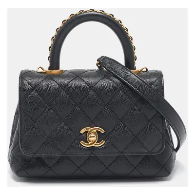 Chanel Black Quilted Caviar Leather Extra Mini Coco Chain Top Handle Bag