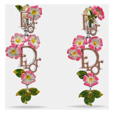 Dior Multicolor Enamel Flower Logo Silver Tone Clip On Earrings