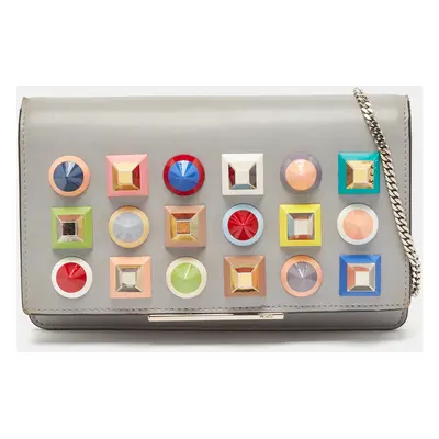 Fendi Grey Leather Studded Wallet On Chain