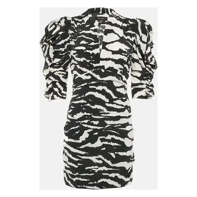 Isabel Marant Black Zebra Print Silk Ruffled Mini Dress