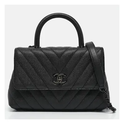 Chanel Black Chevron Caviar Leather Mini So Black Coco Top Handle Bag