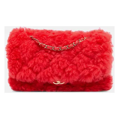 Chanel Red CC Faux Fur and Quilted Lambskin Single Flap Bag