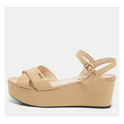 Prada Sport Beige Patent Leather Wedge Sandals Size