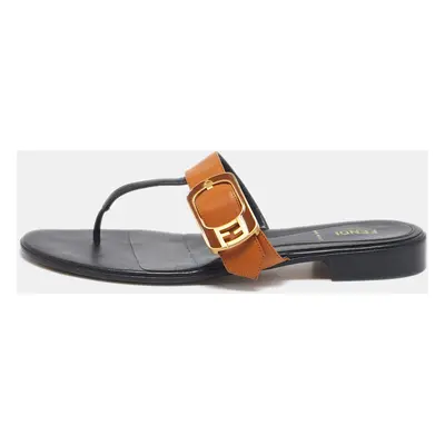 Fendi Brown/Black Leather Buckle Thong Slide Flats Size