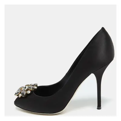 Dolce & Gabbana Black Satin Crystal Embellished Peep Toe Pumps Size 39.5