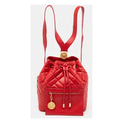 Versace Red Quilted Leather Medusa Tribute Drawstring Backpack