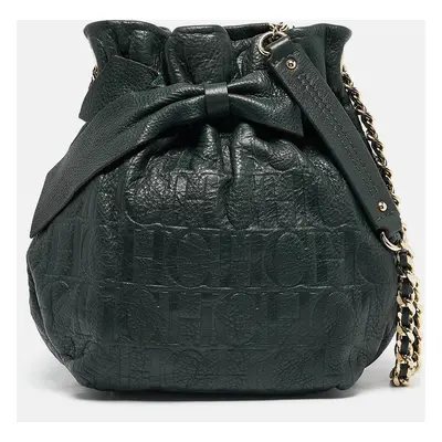 CH Carolina Herrera Green Monogram Embossed Leather Bow Bucket Bag