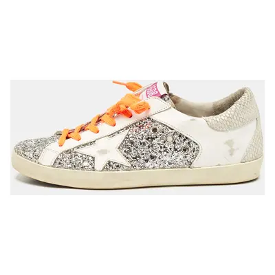 Golden Goose White/Grey Glitter and Leather Super Star Sneakers Size