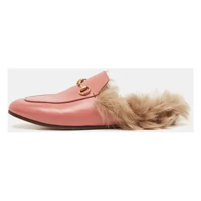 Gucci Pink Leather and Fur Princetown Mules Size 38.5