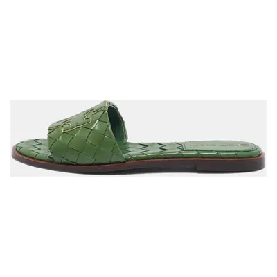 Tory Burch Green Intrecciato Leather Ines Flat Slides Size 38.5