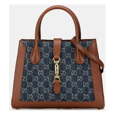 Gucci Brown Navy Blue Medium GG Denim Jackie Satchel