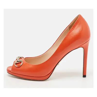 Gucci Orange Leather Jolene Horsebit Peep Toe Pumps Size 35.5