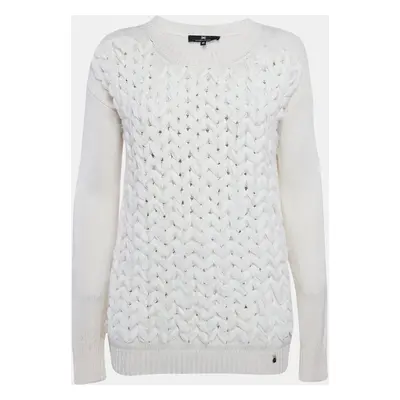 Elisabetta Franchi Off White Braid Detail Wool Blend Sweater