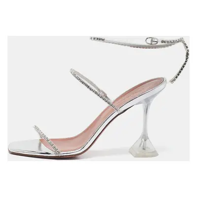 Amina Muaddi Silver PVC Gilda Crystal Embellished Ankle Strap Sandals Size