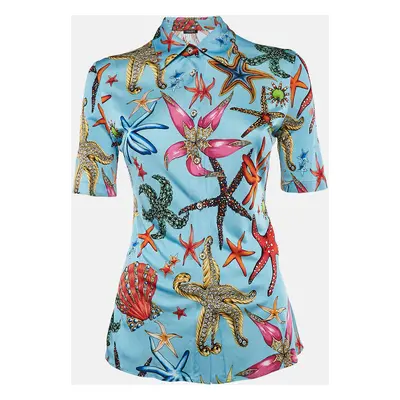 Versace Blue Star Fish Print Jersey Button Front Tresor De La Mer Blouse