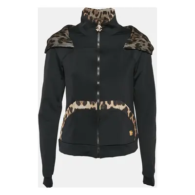 Roberto Cavalli Gym Black Jersey Animal Print Trim Hooded Jacket