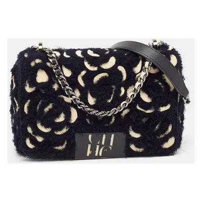 Carolina Herrera Black Leather and Tweed Floral Applique Shoulder Bag