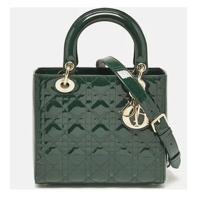 Dior Green Cannage Patent Leather Medium Lady Dior Tote