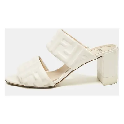 Fendi White Leather FF Block Heel Slide Sandals Size