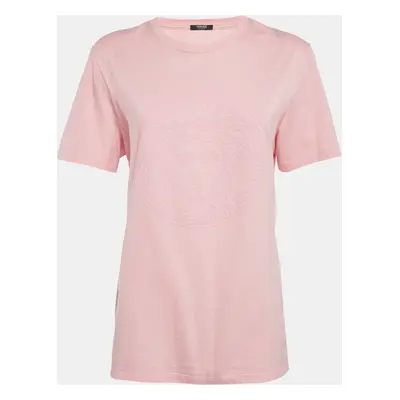 Versace Pink Logo Embossed Cotton Crew Neck T-Shirt