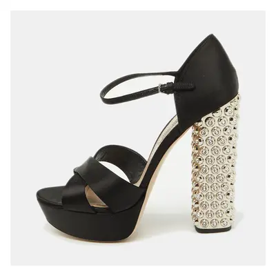 Miu Miu Black Satin T-Strap Crystal Embellished Heel Platform Sandals Size